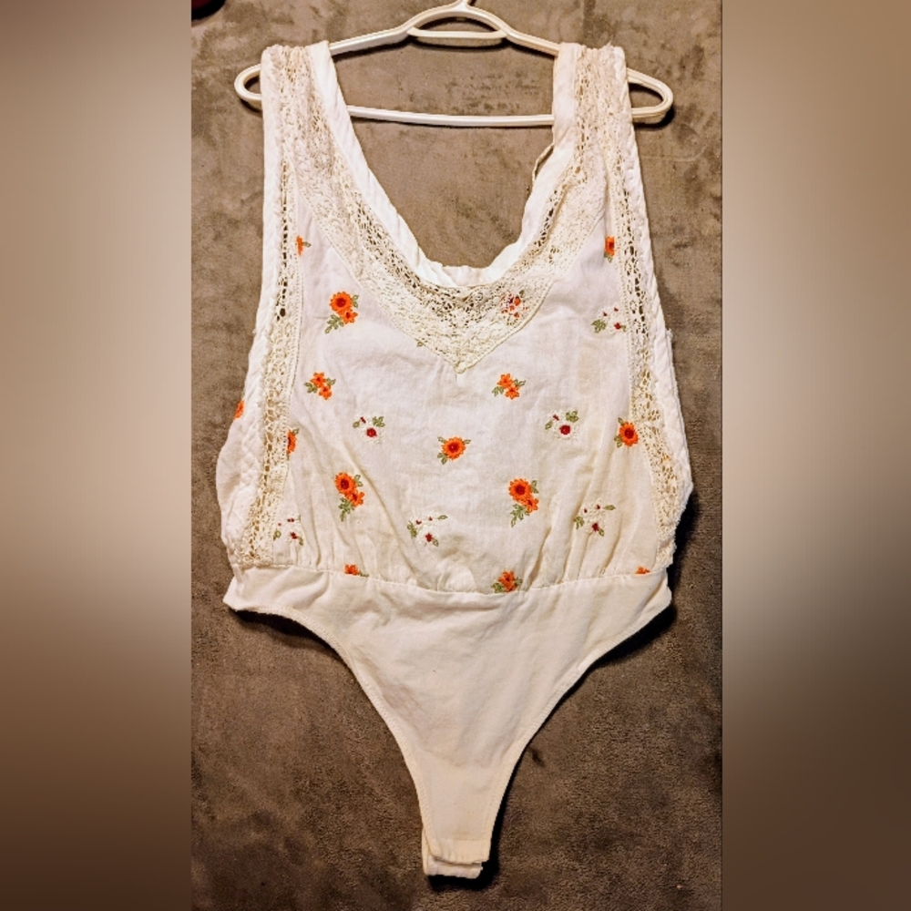 Free People Cream Lace Top with Floral Embroidery